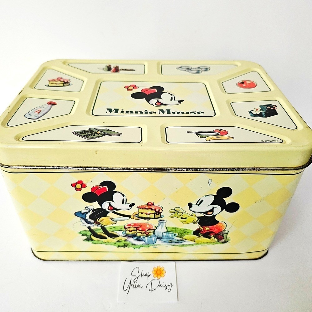 1998 Disney Minnie Mouse Tin Box Picnic Mickey Yellow Checkered Vintage Decor
